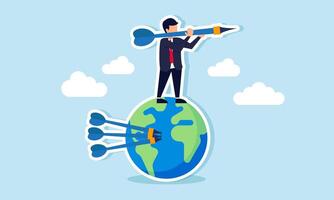 A businessman holds an arrow and stands on a globe pierced with several arrows, illustration of targeting other businesses for business expansion vector