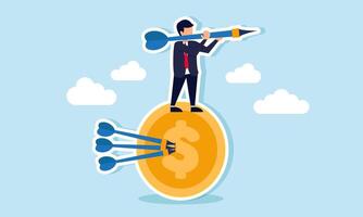 A businessman holds an arrow and stands on a dollar coin pierced with several arrows, illustration of targeting other business projects that can contribute revenue to the company vector