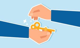 A businessman hand handing a key to another hand, illustration of offering and providing solutions for business challenges vector