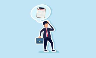 A confused businessman with a thought bubble showing a job description board, illustration of uncertainty in completing a list of job descriptions vector