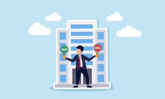 A businessman holding BUY and SELL boards stands in front of an office building, illustration of choosing between BUY or SELL business company assets vector