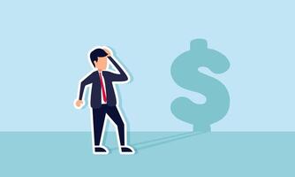 A businessman stands before a wall, confused, casting a shadow of a dollar sign, illustration of confusion in designing and maintaining financial stability for a business vector