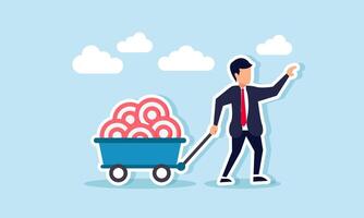 A businessman pulling a freight train filled with stacks of target boards, illustration of completing and achieving business targets vector