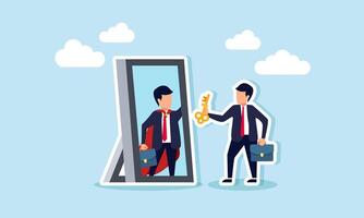 A businessman holding a key stands before a mirror reflecting a super businessman, illustration of a solution-oriented businessman identifying business opportunities vector