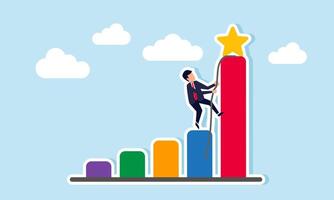 A businessman climbs the highest graph using a rope aiming to reach the star, illustration of efforts to improve business rating and quality vector