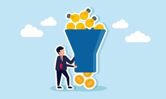 A businessman stands next to a machine that can turn a lamp into a dollar coin, illustration of implementing business ideas and innovations to increase revenue and company income vector