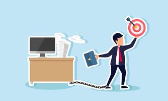 A businessman carries a target board with legs chained to a desk, illustration of limited freedom with company rules in achieving business targets vector