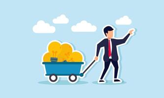 A businessman pulling a freight train filled with stacks of lamps, illustration of gaining business ideas and innovations to be applied in business vector