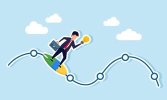 A businessman carrying a lamp while riding a surfboard gliding along a line, illustration of implementing the right business ideas to keep the business on track vector
