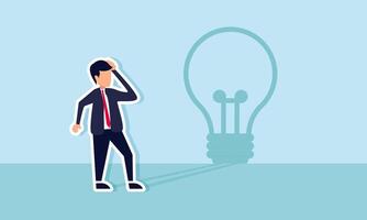 A businessman stands before a wall, confused, casting a shadow of a light bulb, illustration of confusion in designing a business idea and innovation vector