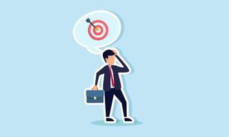 A confused businessman with a thought bubble showing a target board, illustration of uncertainty in strategies for achieving business targets effectively and efficiently vector