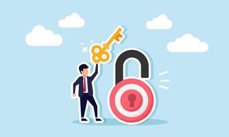 A businessman carries and lifts a key from a padlock shaped like a target board, illustration of finding solutions to achieve business goals vector