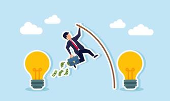 A businessman jump from one lamp to another with a wooden stick and carrying a briefcase full of money, illustration of switching to another business idea after succeeding in one vector