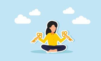 A businesswoman meditates while holding keys in both hands, illustration of contemplating ways to find business solutions vector