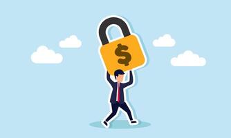 A businessman runs holding a padlock labeled with a dollar sign, illustration of securing the financial assets of a business vector