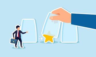 A businessman stands next to a row of glasses and watches a hand open a glass contain a star, illustration of observing and analyzing competitor strategies to improve business quality vector