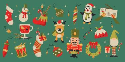 Large set collection of winter Christmas New Year elements. Nutcracker, gnome, deer, decor, pudding, socks, snowman, penguin on green background vector