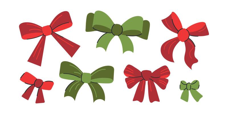 Set Collection Hand Drawn Ribbon Bow. Green and red bows for christmas and New Year decor.