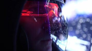 Astronaut pilot wearing helmet with advanced augmented reality display gazes through spacecraft window. Stars and galaxy inspire awe as astronaut pilot navigates vast cosmic expanse. video