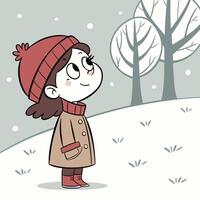A girl with a red hat is walking when it snows, cute girl expression for a children's book or winter event background vector
