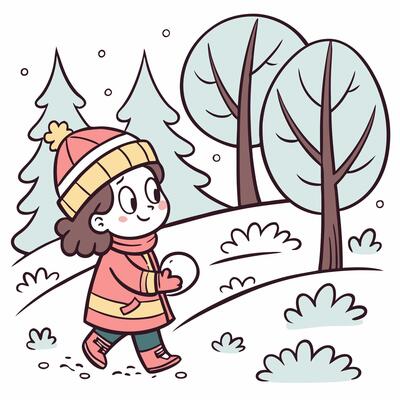 A little girl holding a snowball in a snowy park, cute girl playing in the snow for the cover of a children's book or winter event