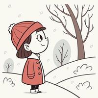 A girl with a red hat is walking when it snows, cute girl expression for a children's book or winter event background vector