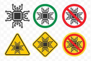 No AI microchip Machine learning prohibited symbol set, AI not allowed icon, Artificial intelligence prohibited sign collection. illustration image. Isolated on white background. vector