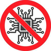 No AI microchip Machine learning prohibited symbol, AI not allowed icon, Artificial intelligence prohibited sign. illustration image. Isolated on white background. vector