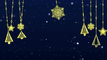Christmas background material with gold snowflake decorations swinging from side to side and snow falling on a blue background video