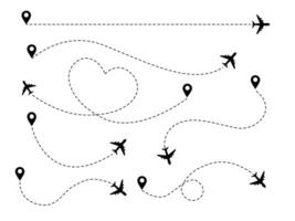 Airplane travel concept with map pins, GPS points. Flight start point concept or theme vector