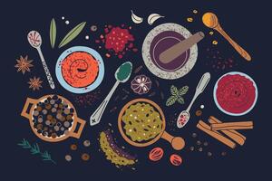 illustration of spices and herbs composition on black background. Flat cartoon design with pepper, garlic, cinnamon, star anise, basil, and spice blends in bowls and decorative spoons vector