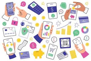 illustration set of banking and payment icons in flat cartoon style. Smartphones, QR codes, credit cards, savings, charts, and security elements for finance and fintech concepts vector