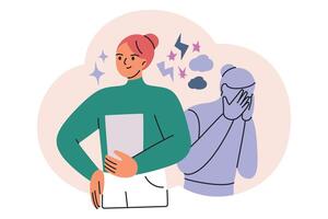 illustration of imposter syndrome concept, confident woman and anxious shadow or abstract inner self. Flat cartoon design showing emotions, self esteem, mental health, and inner struggles vector