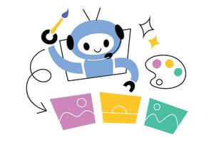 illustration of creative robot using paintbrush and palette, in art and design. Flat cartoon style with colorful elements and futuristic concept, isolated colored clipart vector