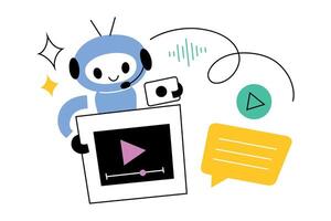 Cute robot with artificial intelligence creating videos, writing texts and messages, cute design, flat cartoon illustration for technology, automation, and communication themes vector