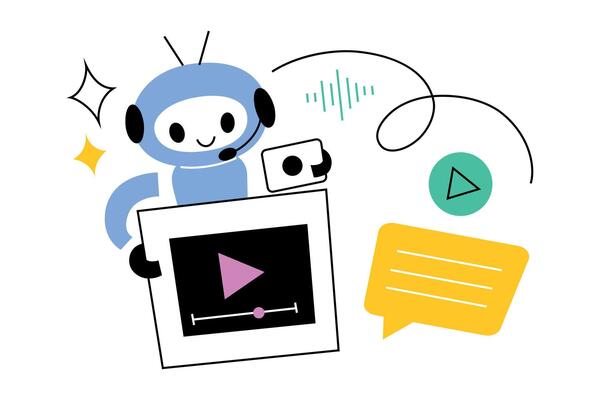 Cute robot with artificial intelligence creating videos, writing texts and messages, cute design, flat cartoon illustration for technology, automation, and communication themes
