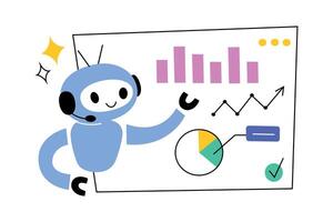 Cartoon illustration of robot presenting data, statistics, charts and diagrams. Artificial intelligence analytics, information processing, and futuristic technology in flat style vector