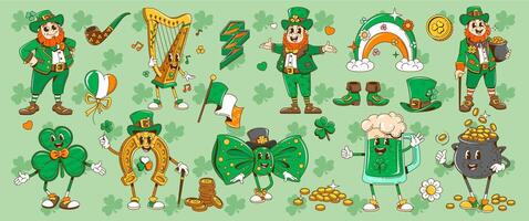 Retro groovy St Patrick day characters, objects vector