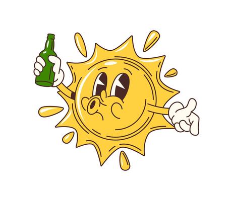 Cartoon groovy sun character with drink bottle