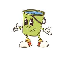 Cartoon groovy green bucket character with water vector