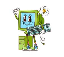 Retro groovy computer cartoon vintage pc character vector