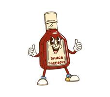Cartoon groovy barbecue sauce bottle character vector