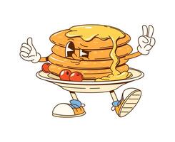 Cartoon groovy pancakes with syrup and berries vector