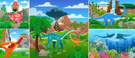 Cartoon dinosaurs and reptile characters collage vector