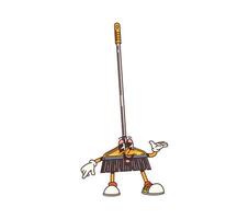 Cartoon groovy broom cleaning tool retro character vector