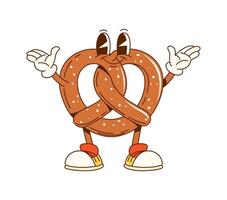 Cartoon groovy pretzel fast food retro character vector