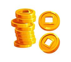 Stack of golden Chinese coins with square holes vector