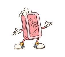 Cartoon soap bar groovy character with bubbles vector