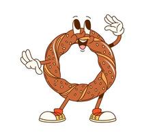 Cartoon groovy Turkish bagel simit retro character vector