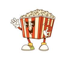 Cartoon groovy popcorn bucket fast food character vector